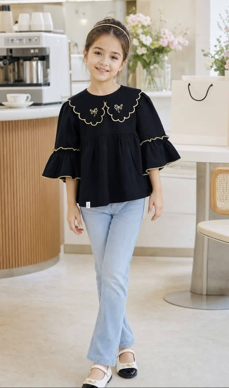 شومیز مشکی یقه گلدوزی جنس اطلس باکیفیت کد۱۰۶۵